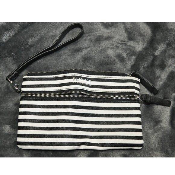 Reaction Kenneth Cole black & white stripe 2 pocket clutch or makeup bag (21G) - Picture 1 of 8